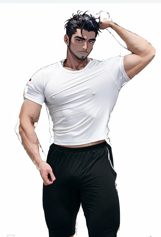 A tight white short-sleeved T-shirt、A muscular man with thick arms wearing black training wear