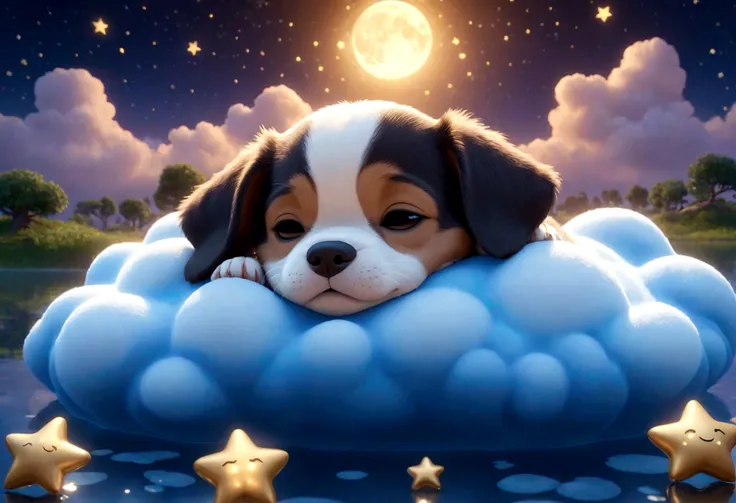 Disney Pixar cartoon character, sleeping, eyes closed, puppy, cute sleeping, sleeping, on magical illuminated clouds floating in a small lake, background with stars, magical glow, unreal engine rendering, 8k