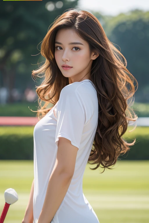 highest quality、4K、Perfect Face、Perfect Style、Sunburn、beautiful、mature、long curly layer brown hair、Swept-back hair、full body, sexy 、charming、healthy、Watching sports、spoty、cap