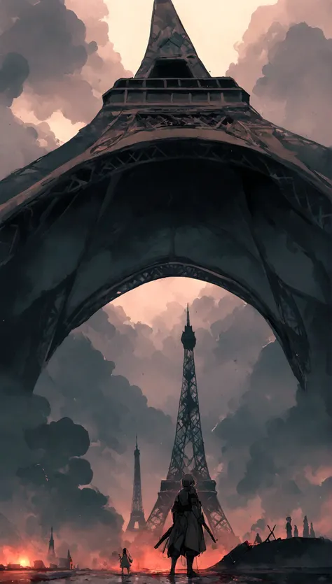 Obra maestra, Obra maestra, hiperrealismo, cinematographic image, 8k, Profundidad de campo, cinema lighting, a post apocalyptic take on the typical iconic image of the (torre eiffel en paris en ruinas),Lleno de verdor, image Post apocalyptic and dystopian....