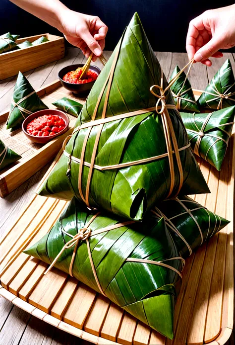 a miniature eracene，china&#39;era，a group of people are wrapping giant zongzi with bamboo leaveera，extremely creative，taterauya ...