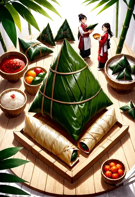 a miniature eracene，china&#39;era，a group of people are wrapping giant zongzi with bamboo leaveera，extremely creative，taterauya ...