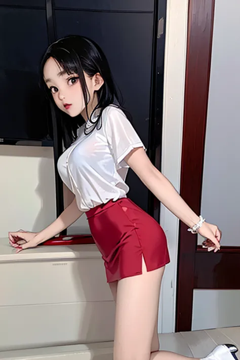 highest quality、masterpiece、high sensitivity、high resolution、slim body、red mini skirt、white round collar shirt、red pumps、