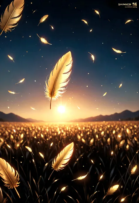 ((Masterpiece in maximum 16K resolution):1.6),((soft_color_photograpy:)1.5), ((Ultra-Detailed):1.4),((Movie-like still images and dynamic angles):1.3),((Wide cinematic lens):1.1). | ((Wide Cinematic shot of small golden feathers floating high in the sky):1...