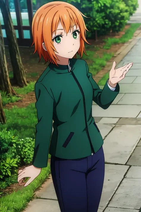 anime, detailed,short orange hair, green eyes, dark green pants, his green gakuran jacket