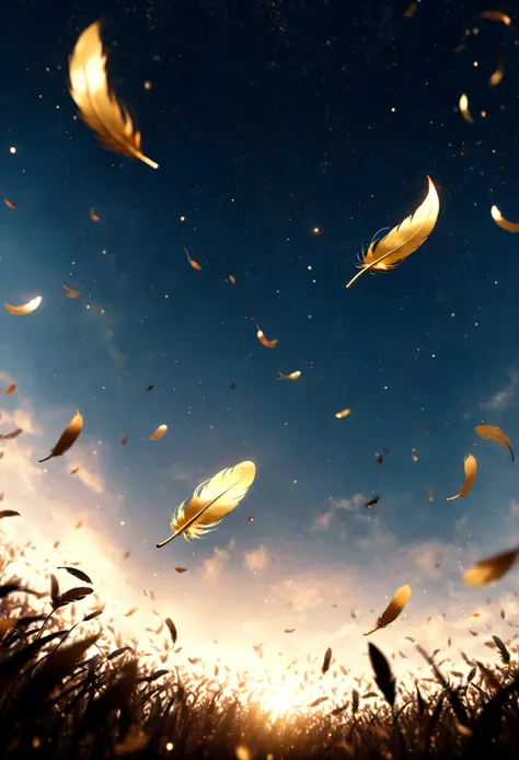 ((Masterpiece in maximum 16K resolution):1.6),((soft_color_photograpy:)1.5), ((Ultra-Detailed):1.4),((Movie-like still images and dynamic angles):1.3),((Wide cinematic lens):1.1). | ((Wide Cinematic shot of small golden feathers floating high in the sky):1...