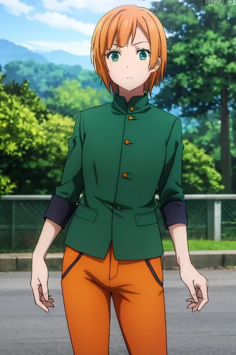 anime, detailed,short orange hair, green eyes, dark green pants, his green gakuran jacket