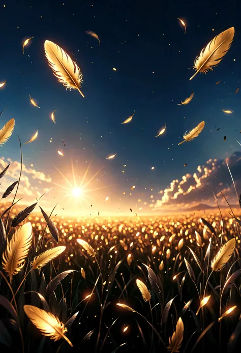 ((Masterpiece in maximum 16K resolution):1.6),((soft_color_photograpy:)1.5), ((Ultra-Detailed):1.4),((Movie-like still images and dynamic angles):1.3),((Wide cinematic lens):1.1). | ((Wide Cinematic shot of small golden feathers floating high in the sky):1...