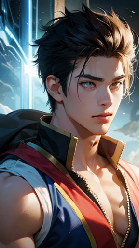 Portrait of an anime boy, Healthy and athletic physique, A hero of the magical world respected by the kingdom&#39;s inhabitants, Highly detailed face,With a sword,Adventure attire, isekai, A lively and happy expression, Hilarious, Mountain in the backgroun...