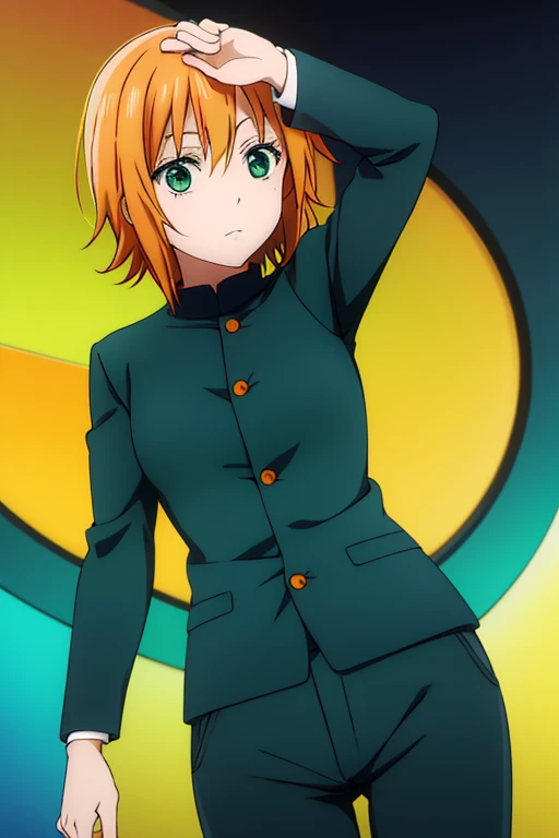 anime, detailed,short orange hair, green eyes, dark green pants, his green gakuran jacket