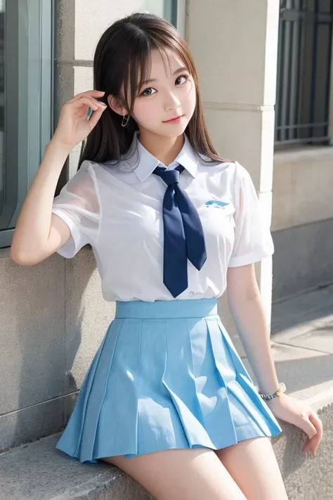 Cute Girls､high school girl､uniform､See-through､Light blue mini skirt､sit