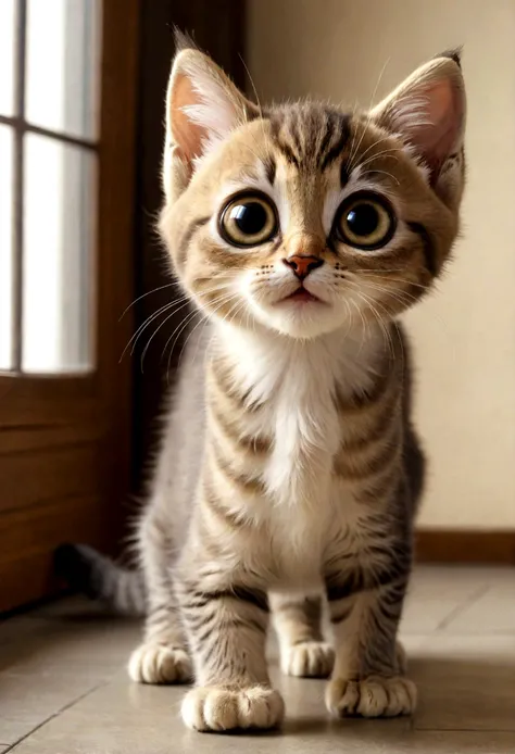 Cute big-eyed kitten looking up, The front feet are together , standing on hind legs.