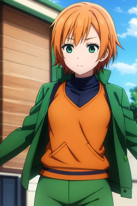 anime, detailed,short orange hair, green eyes, dark green pants, his green gakuran jacket