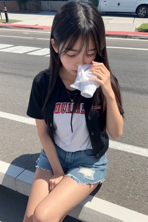 Sexy junior high school student in shorts vomiting on the street