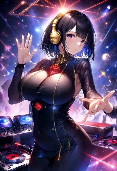 1 girl,Clean hands、Put on your headphones,(Black Hair Girl),,Big Breasts,DJ,DJ Booth、Riding the music、club、((Night Live House、Red laser light、Blue laser light、random laser point、Virtual space、Golden laser beam、Purple laser light、DJ、Live Stage))、Five finger...