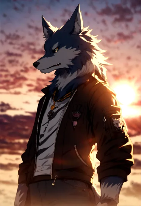 (nvinkpunk:1.2) (Style:0.8) wolf, Anthro, light wave, sunset, difficult, very detailed