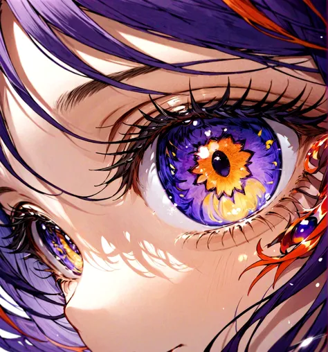 Beautiful Japanese anime eyes close-up，Style of pixiv artist Tsune，Contact lenses with patterns，Flame-patterned pupils，Bright purple iris，Indigo Flood，Vivid eyelashes