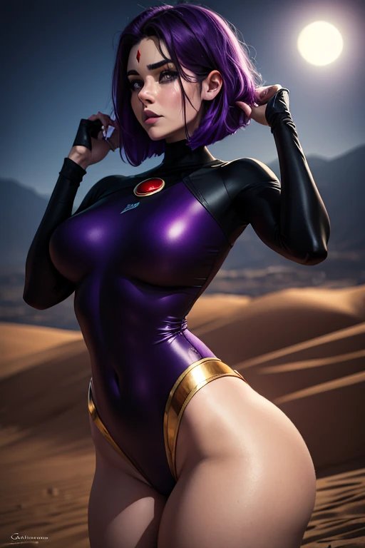 Ravens, 20 years old, purple strapless turtleneck bodysuit, exposed thighs, superhero woman, long gloves, gold headband, sexy pose, purple hair with bob cut, curvy athletic body, light eyes, look for camera, tender facial expression, face photo, romanticis...