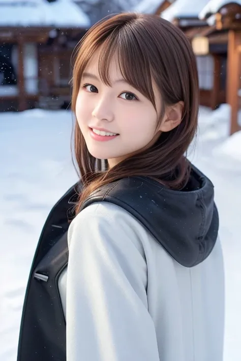 realistic pictures (1 Cute Japanese gravure idol) shoulder length hair, light makeup, big breasts, wearing a coat, in the snow, clear facial features, 8K high resolution, sharp and realistic details.from outside, eye level shot, f/4.0, 135mm, fujifilm, jpe...