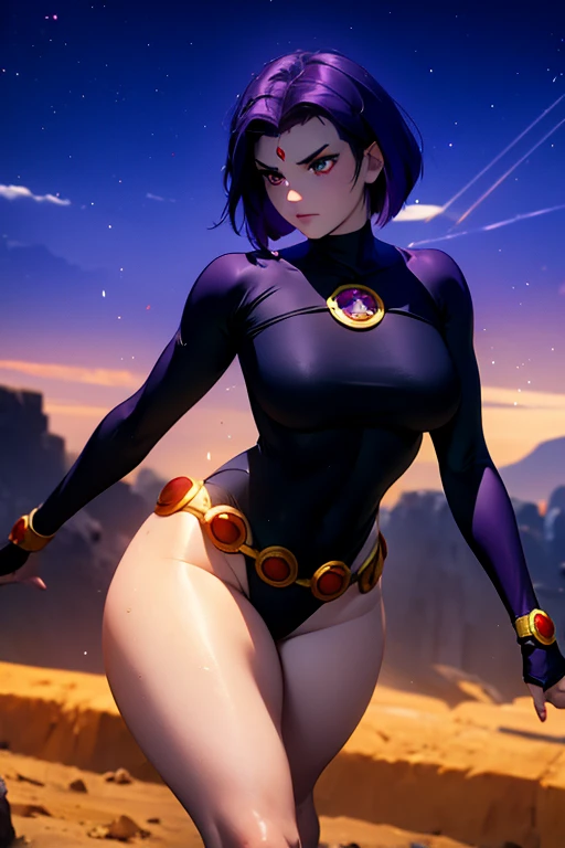 Ravens, 20 years old, purple strapless turtleneck bodysuit, exposed thighs, superhero woman, long gloves, gold headband, sexy pose, purple hair with bob cut, curvy athletic body, light eyes, look for camera, tender facial expression, face photo, romanticis...