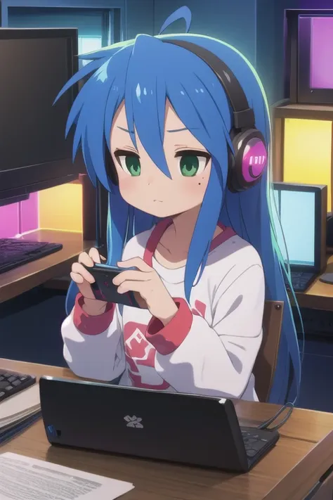 konata izumi long blue hair, green eyes, girl, small, cute, big shirt, computer, gaming, rgb lights, headphones