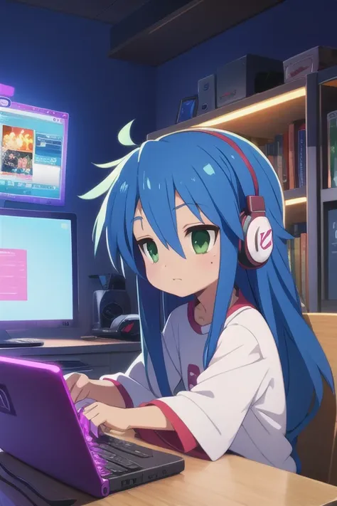 konata izumi long blue hair, green eyes, girl, small, cute, big shirt, computer, gaming, rgb lights, headphones