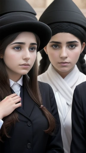 group of Young  haredim woman,  gathered together, focus on the characters faces, characters