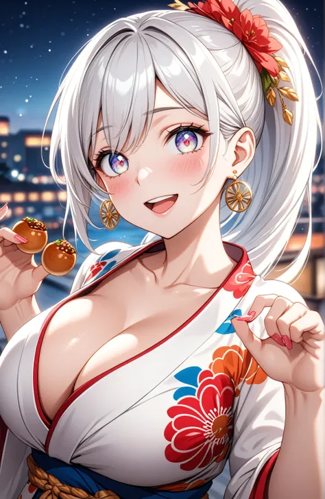 ((one personの女性)), Beautiful Face,Laughing embarrassedly,Laughing with your mouth open,(Bright red cheeks),Glossy pink lips,night,The rooftop of a hotel with a sea view,firework,((Anime style background)),masterpiece, highest quality, so beautiful, Latest,...