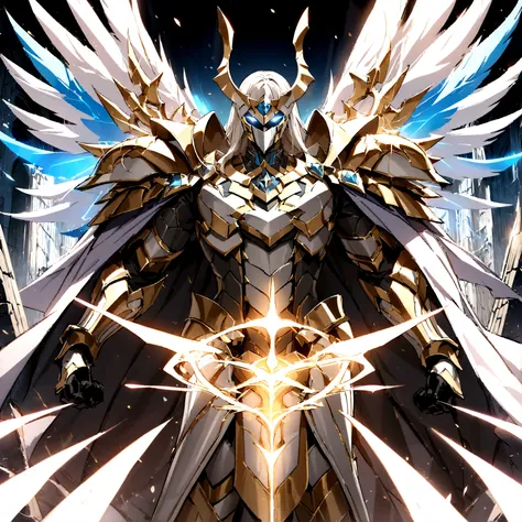 (extremely detailed CG:1.2), (masterpiece:1.2), (best quality:1.2),,((absurdres)), warrior of light, hero knight, god like, champion armor, perfect armor, holy paladin, non-human, silver and golden armor, glowing silver eyes, glowing silver aura, glowing a...