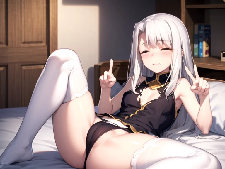 (ultra-highdetail, 8k quality, best quality, extremely detailed illustration,intense shadows, high quality anime illustration, anime coloring,), (illyasviel von einzbern, fate, closed eyes, long hair, white silver hair), one girl, sleeping, cameltoe, see t...