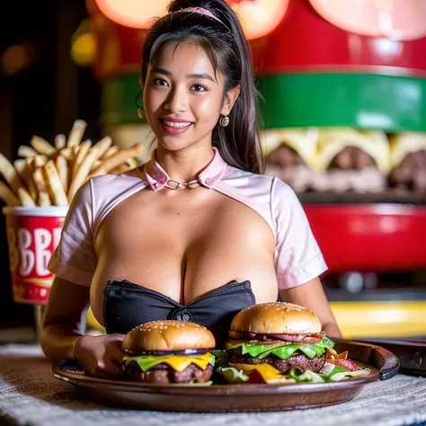 (extreme wide shot:1.3),(burger joint in the background:1.5),(Burgers and fries on a tray.:1.4),(huge breast:1.6),(Maids uniform
:1.3),(super highponytail hair),(forehead),Bohemian Earrings,grin,darkskinned,top-quality,(((masutepiece))),8K,Photorealsitic,t...