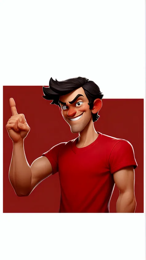 The image shows a man standing against a plain background. He is wearing a red t-shirt and has dark hair. His left hand is raised, making the gesture with his index finger and thumb. He appears to be smiling and looking directly at the camera.