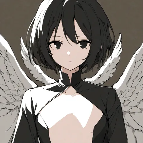 Black Hair,short hair,black eye,Angel&#39;s wing,Black clothes,Gender unknown,Expressionless,No breasts,Thick Coating