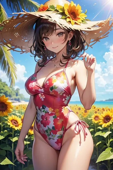 A woman standing in a lush garden or on a flower-lined beach, wearing a swimsuit with a vibrant floral pattern. The swimsuit features bold, blooming flowers in colors like red, pink, or yellow. She’s surrounded by an array of real flowers matching her swim...