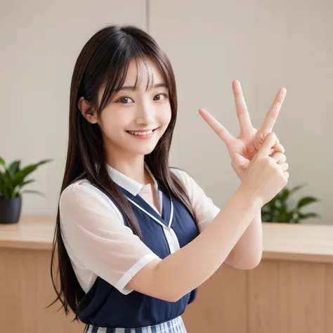 A confident smile, Making a peace sign,two students demonstrating a gesture commonly associated with a peace sign while speaking by tele食事, skirt, Black Hair, indoor, smartphone, shirt, ((((complete fiでe fingers))))