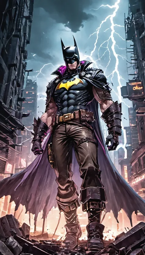 a postapocalyptic cyberpunk batman, dystopian borderlands landscape, steampunk outfit, detailed face and body, standbon rhebtop ofbskyscrapers ruins and look around, strong wind, clouds and lightning, dramatic lighting, cinematic composition, muted color p...