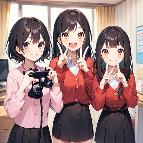 A confident smile, ピースサインをしているtwo students demonstrating a gesture commonly associated with a peace sign while speaking by teleTelephone, skirt, Black Hair, indoor, in, Telephone, shirt, ((((complete fiine fingers))))