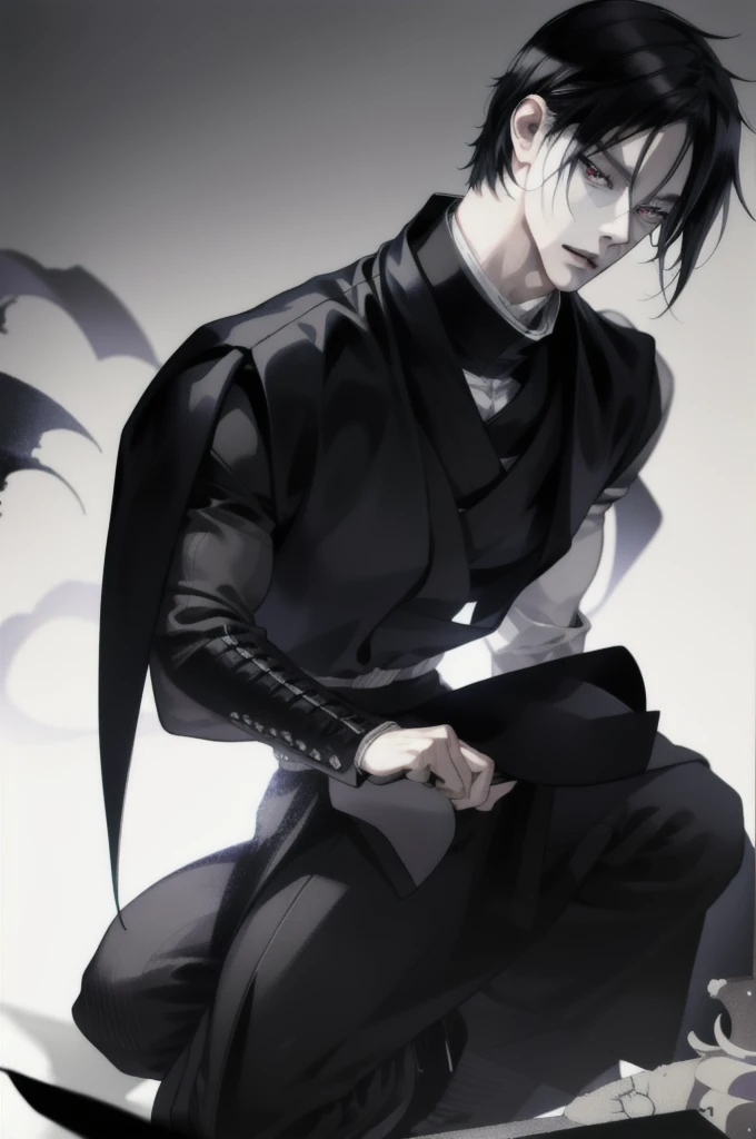 (absurd, high resolution, ultra detailed), 1 man, adult, handsome, tall and muscular boy, broad shoulders, finely detailed eyes and detailed face, short black hair, sasuke, onyx colored eyes, aristocrat, magnificent background, shadow effect, throne,(anime...