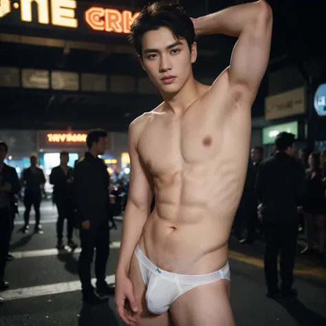 Amazing las Vegas city street scenery, in the middle of crowded las Vegas city street, las Vegas city street on the background, crowded people, neon light, he wore a very small transparent thong covering half of his big hard dick, dickprint, Sweat dripping...