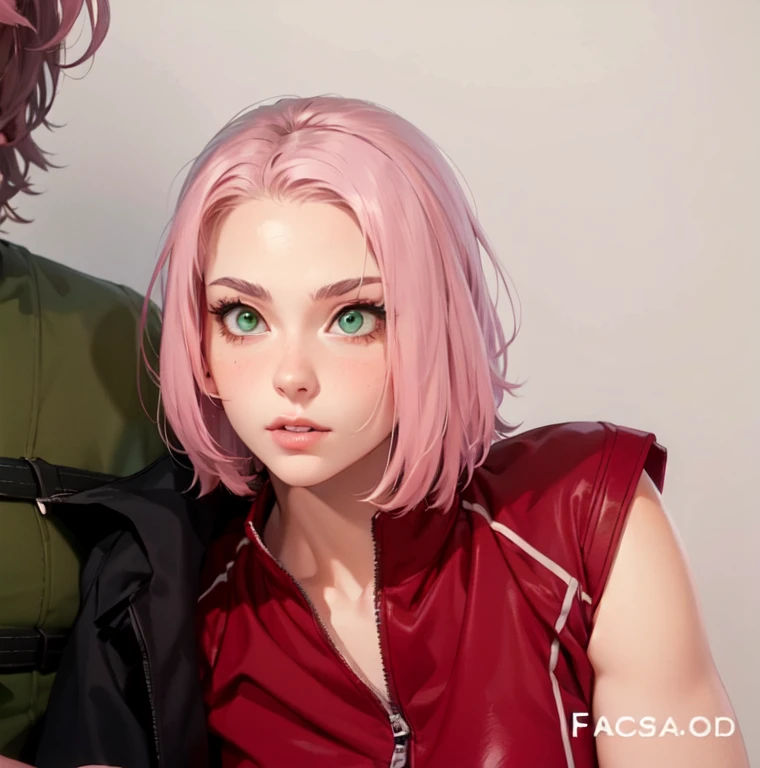 young woman, short shoulder-length pink hair, wide forehead, porcelain skin, pink eyebrows, big emerald green eyes, buttoned nose, full lips, heart-shaped face, slender body, small breasts, red tank top, Sakura Haruno , realistic, realism, details, 3d, wel...