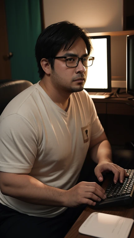 Japanese male, fat, stubble, glasses, dark room, playing video game, light from monitor on glasses, scowl on face