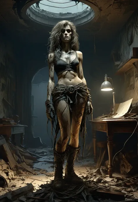 (Full length) A homely young woman who seems to fit in seamlessly with her surroundings. Her hair is disheveled and tangled, and her skin is covered in dirt and soot. However, her eyes glow with an anxious mind. (Frank Frazetta) (masterpiece), artstation t...