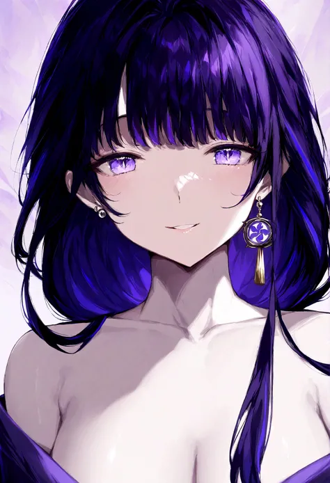 masterpiece, best quality,1girl,raiden shogun,purple theme,earring,jewelry,parted lips, smile,looking at viewer,collarbone