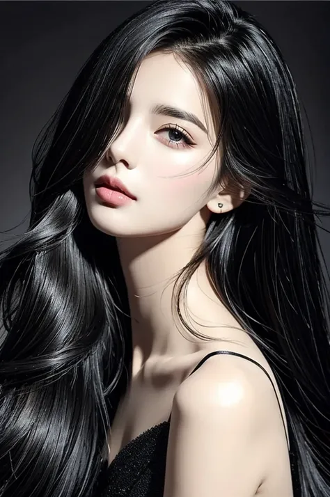 (best quality:1.4),(masterpiece:1.4),(photorealistic:1.4),close up, 1girl,(black long straight hair:1.4),(black clothes), (black background),