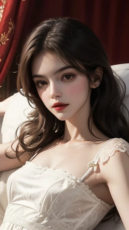 (original photo，best quality），（lifelike，Photo lifelike：1.3），best quality，Very detailed，masterpiece，Ultra Detailed，illustration，1 girl，Predominant_Body, slim figure, Beautiful_Legs. an intimate woman, (lying on RED-FABRIC: 1.2), long wavy hair, BLACK hair, ...