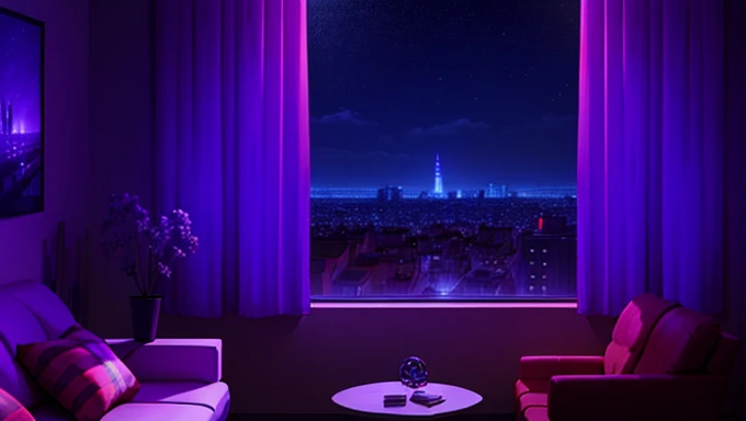 Night city seen from the window. anime, manga, And Lofty. reluctant machine. nice, invite, Comfortable space. Messy Setting Serene Digital Art, Bright apartment. 4K background, wallpaper