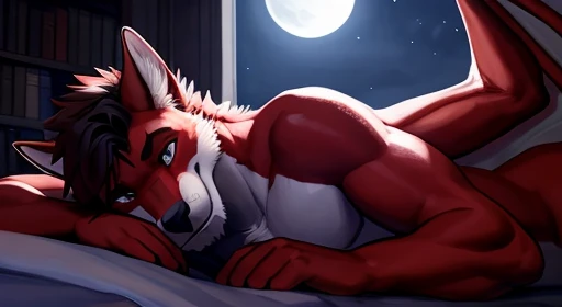  Red skin, Jonathan reclines on a plush bed in a dimly lit bedroom. The moonlight filters through the window, casting a soft glow on his  red red scales and black chest, red scales. His wings, sleek and powerful, stretch out behind him, their intricate pat...