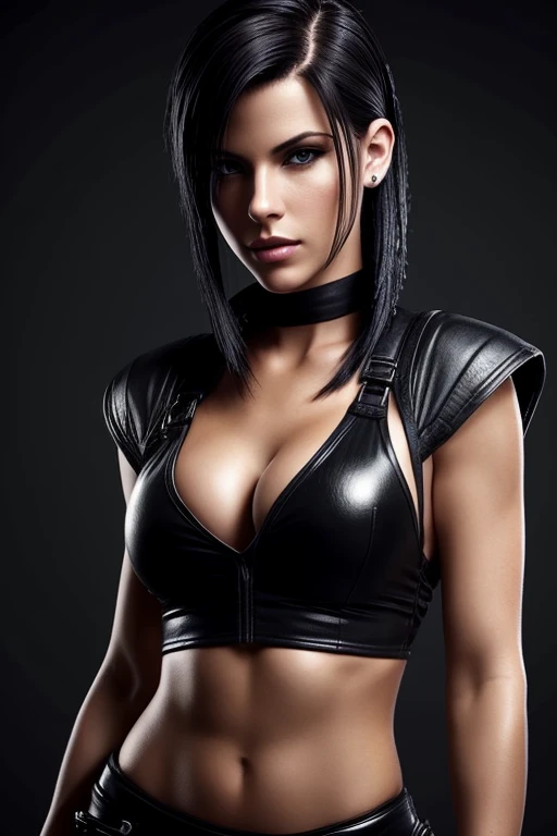 Gorgeous european woman with very short straight hair, short hair, wet hair, hair slicked back, combed straight back, slick hair, streaked hair, seductive, dressed as tifa lockhart from final fantasy, cleavage, solid dark grey background