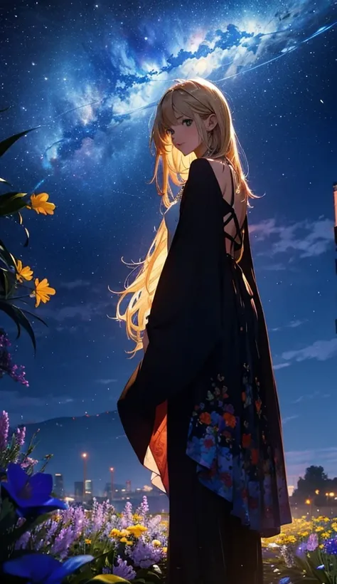 １people々々々々々々々々々々々々々々々々,Blonde long-haired woman， camisole，silhouette， Rear View，Space Sky, Flower Field，Colorful flowers