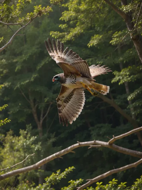 Best quality, high quality, Hawk flying in the forest, sunny day 